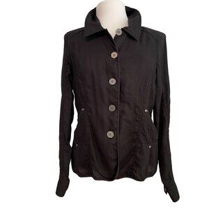 Ecru Black Linen Jacket Women’s Large Button Front Blazer Lightweight Coat